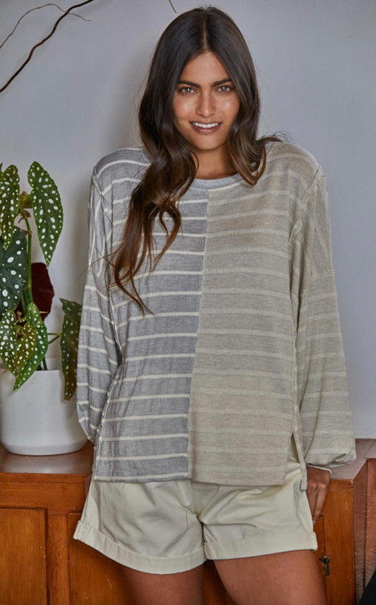 Dionne Striped Top-Gray/Cream