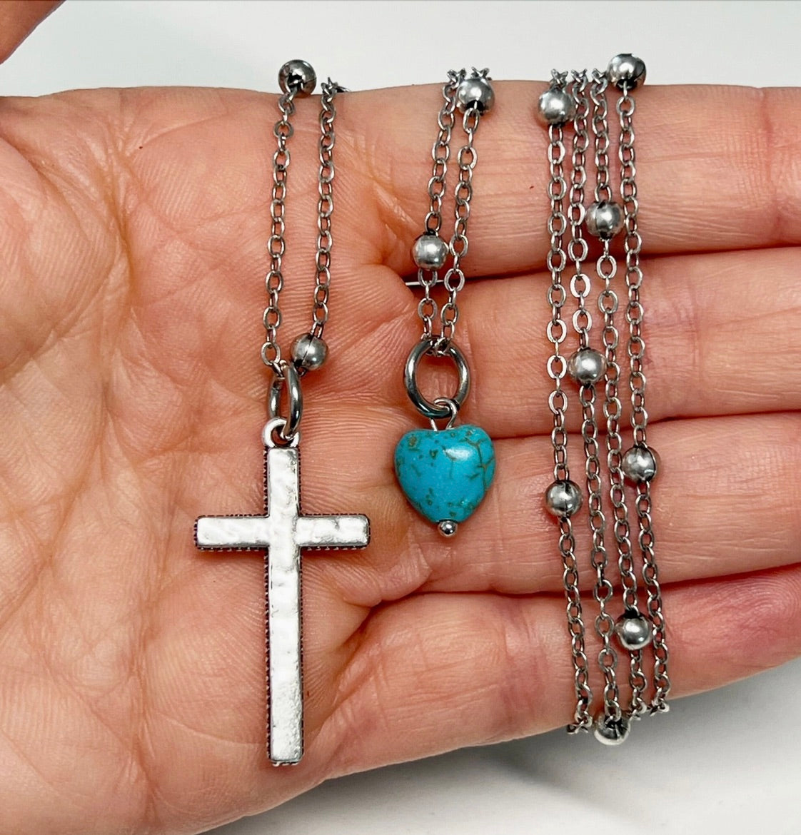 Trust | Cross | Dainty-Silver, Blue Howlite Heart