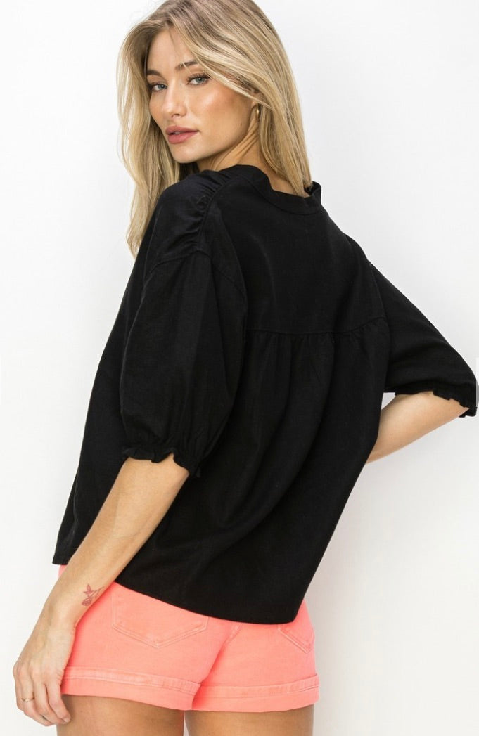 OVERSIZED LINEN SHORT SLEEVE SHIRT-Black