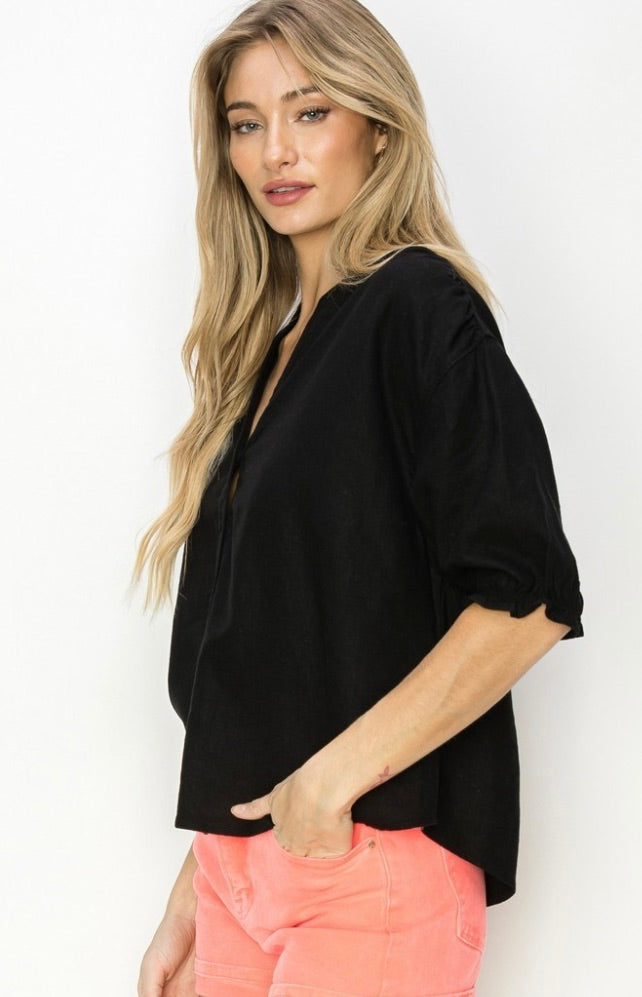 OVERSIZED LINEN SHORT SLEEVE SHIRT-Black