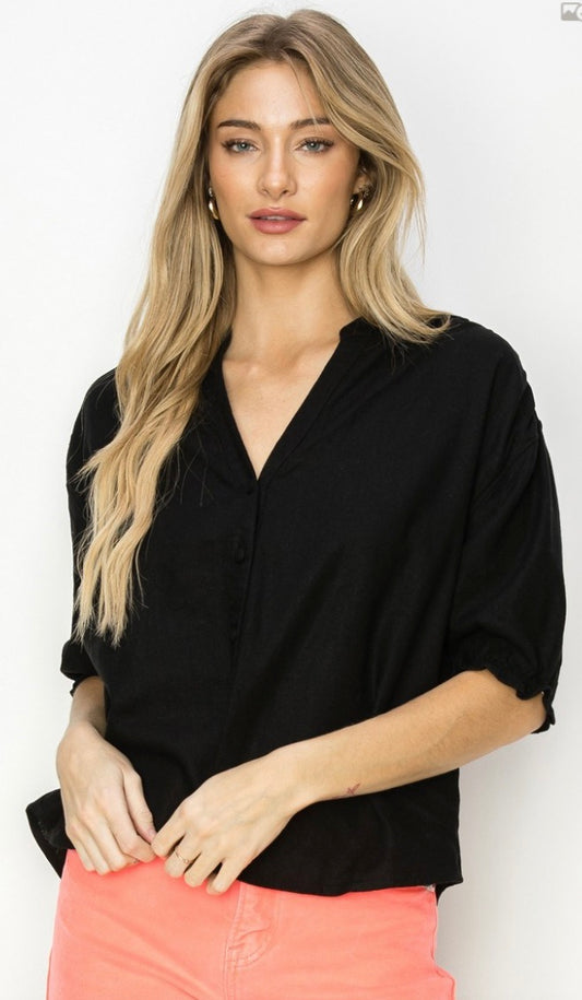 OVERSIZED LINEN SHORT SLEEVE SHIRT-Black