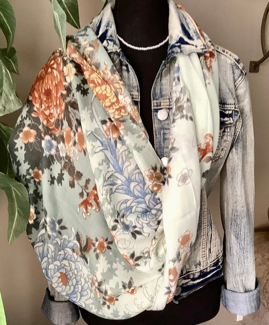 Scarf, Womens Chiffon Floral Scarf-Green Blue Brick