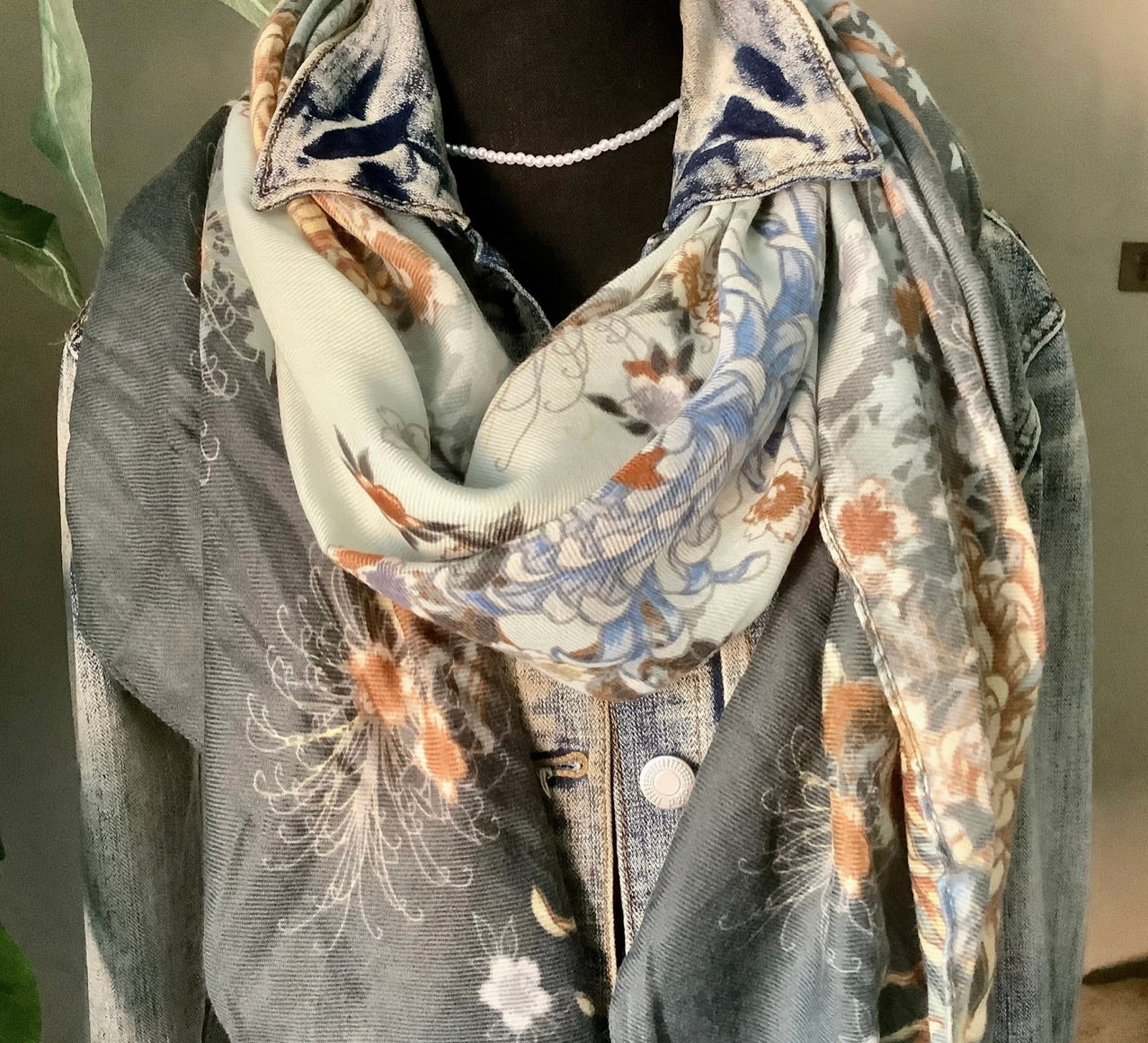Scarf, Womens Chiffon Floral Scarf-Green Blue Brick