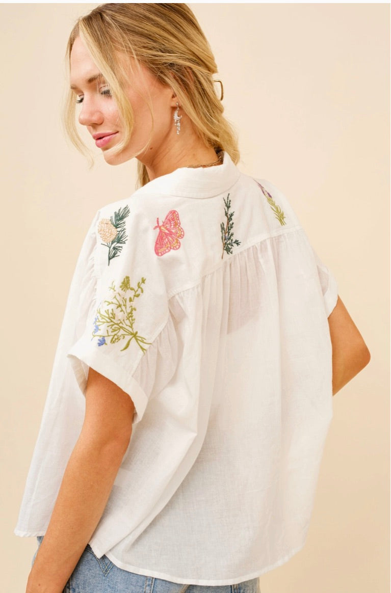 Garden Cotton Voile Embroidered Dolman Sleeve Shirt