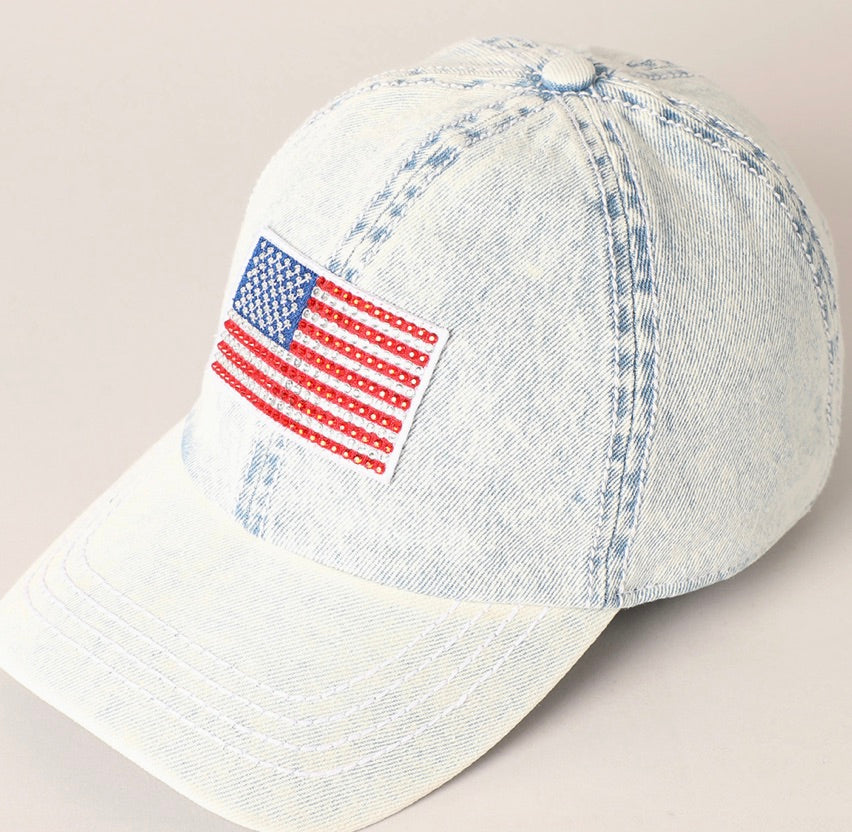 Rhinestone Us Flag Patch Denim Baseball Cap