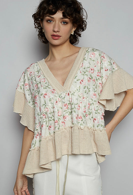 Vanna Floral V-Neck Ruffle Top Almond Multi