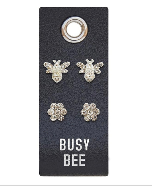 Leather Tag Earrings Busy Bee Silver