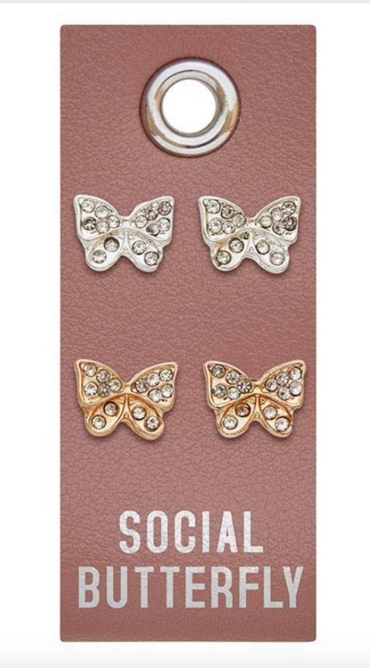 Leather Tag Earrings Silver Butterfly