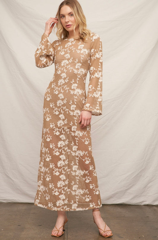 Liza Long Sleeve Floral Embroidered Crochet Maxi Dress