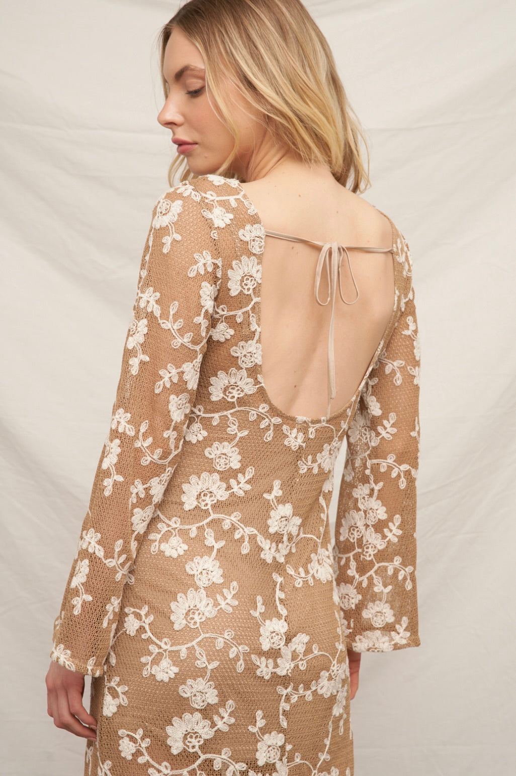 Liza Long Sleeve Floral Embroidered Crochet Maxi Dress