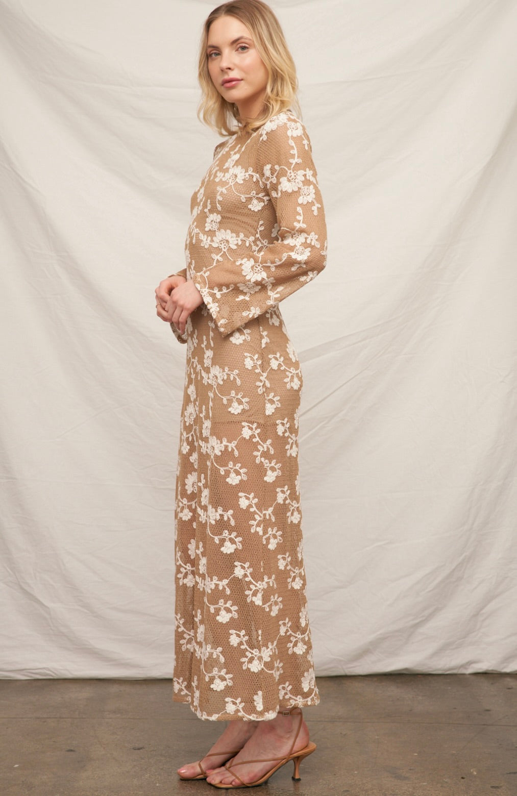 Liza Long Sleeve Floral Embroidered Crochet Maxi Dress