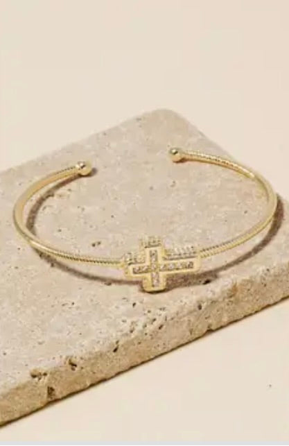 Gold Dipped Cz Pave Cross Charm Cuff Bracelet