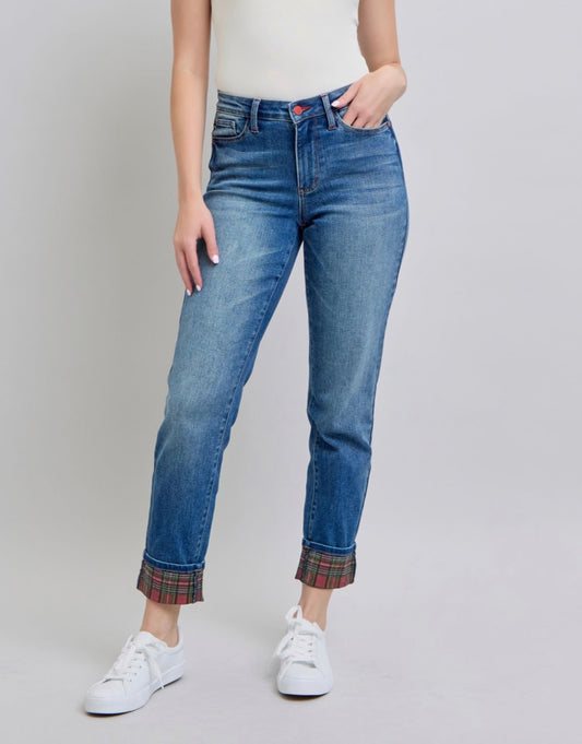 Prancer MR Plaid Print Cuff BF Jeans