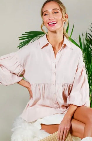 Collared Balloon Sleeve Button-Up Blouse Shirt-Blush