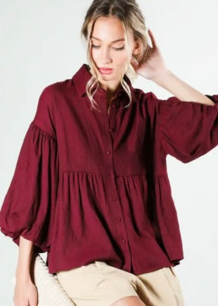 Collared Balloon Sleeve Button-Up Blouse Shirt-Burgundy