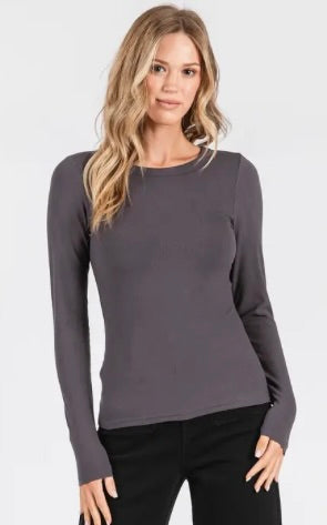 Lyra Ribbed Round Neck Long Sleeve Basic Top-Titanium