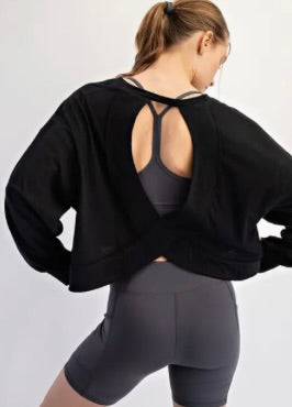 COTTON SLUB OPEN BACK LONG SLEEVE TOP-Black