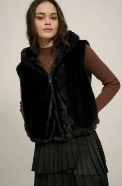 Solid Zipper Front Houndstooth Lined Fur Vest
