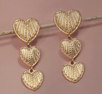 Three Heart Drop Etched Titanium Earrings-Gold