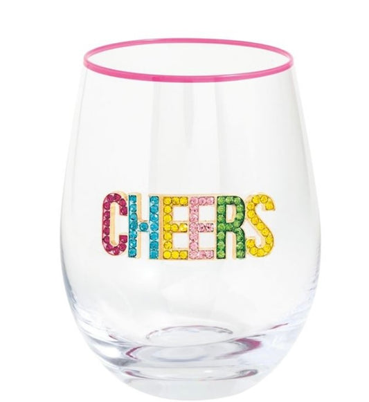 BEADED CHEERS WINE GLASS