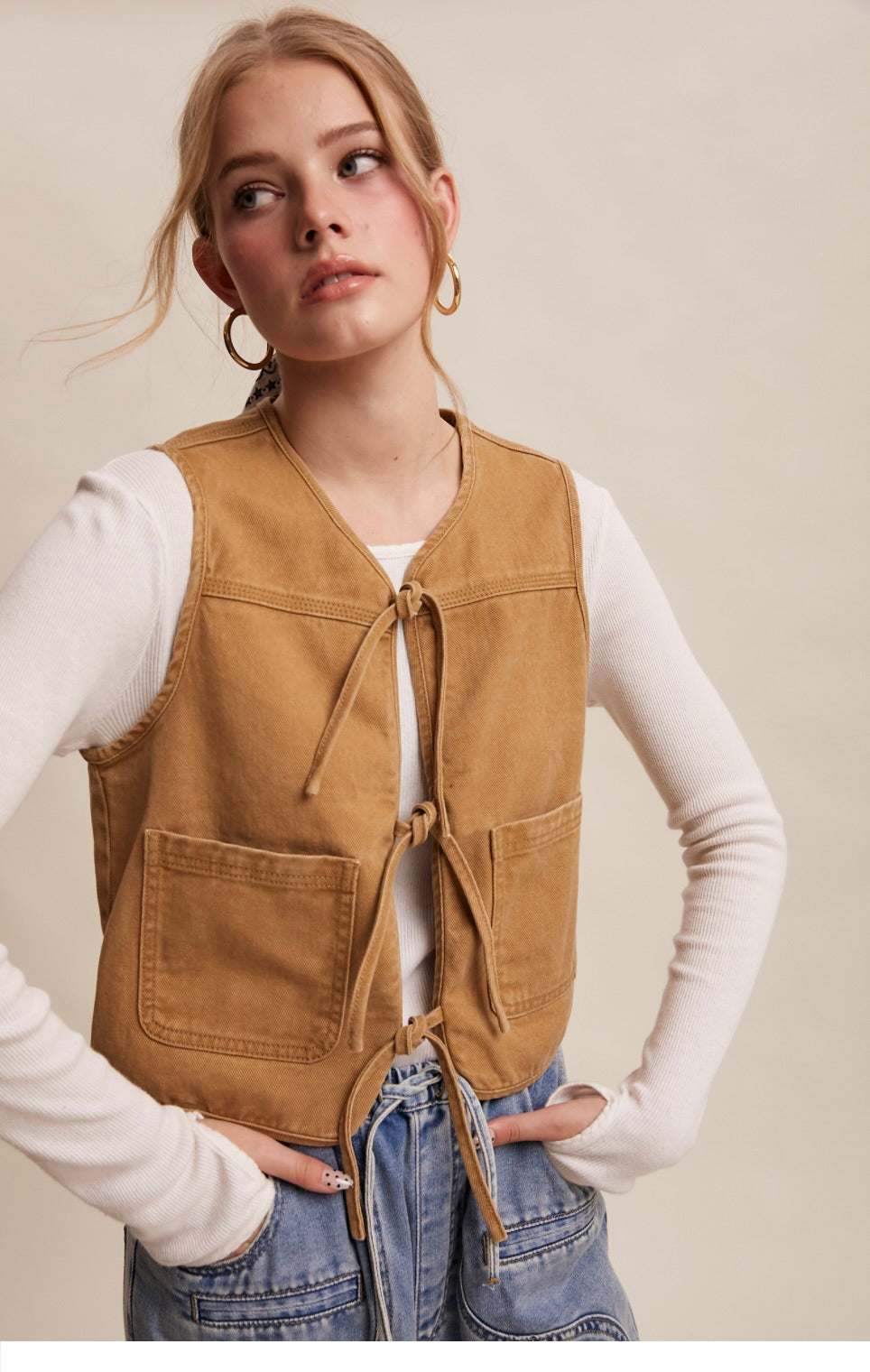 Wesley Colored Denim Tie-Front Vest-Caramel