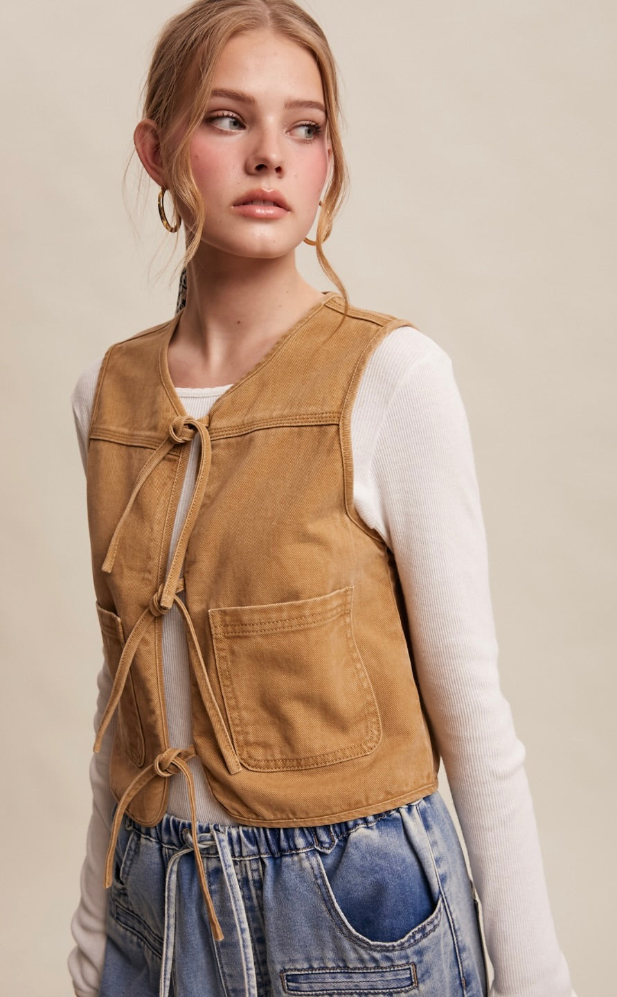 Wesley Colored Denim Tie-Front Vest-Caramel