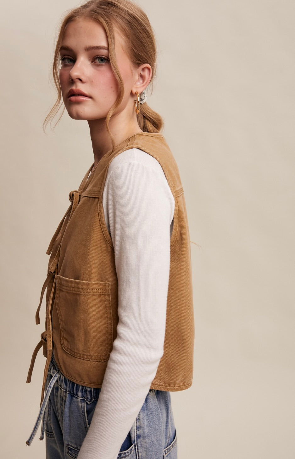 Wesley Colored Denim Tie-Front Vest-Caramel