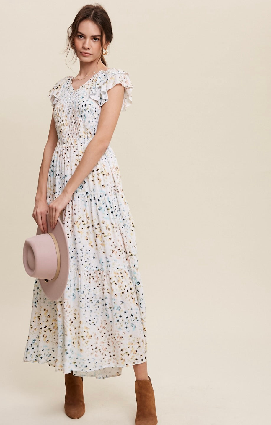 Millie Floral Print Smocked V-Neck Maxi Dress With Back Tie-Yellow
