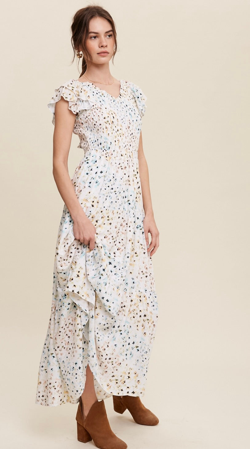 Millie Floral Print Smocked V-Neck Maxi Dress With Back Tie-Yellow