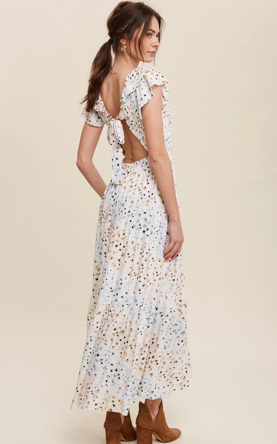 Millie Floral Print Smocked V-Neck Maxi Dress With Back Tie-Yellow