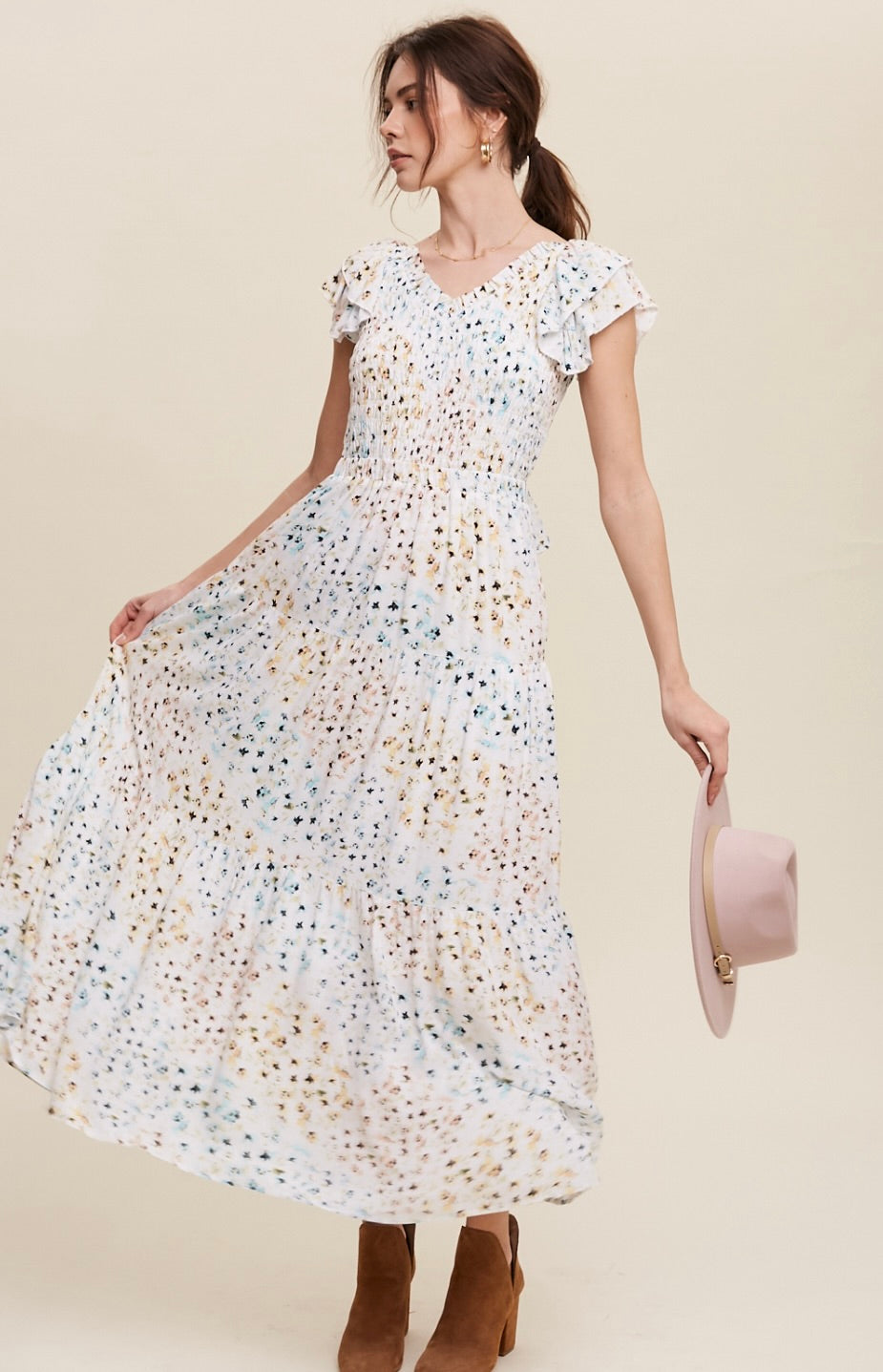 Millie Floral Print Smocked V-Neck Maxi Dress With Back Tie-Yellow