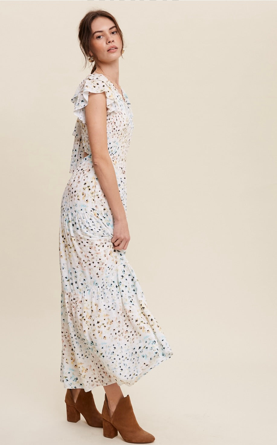 Millie Floral Print Smocked V-Neck Maxi Dress With Back Tie-Yellow