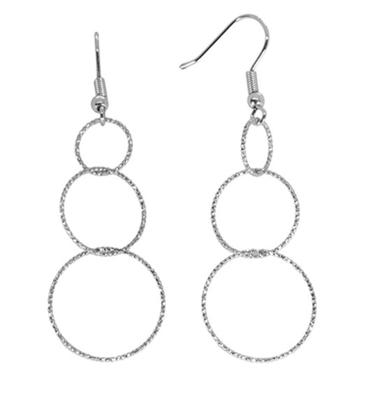 WHITE THIN TRIPLE HOOP DIAMOND CUT DROP EARRING
