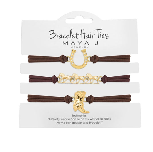Western Hair Tie - Yellow Horseshoe, 3 Horses, Boot with Brown Elastic