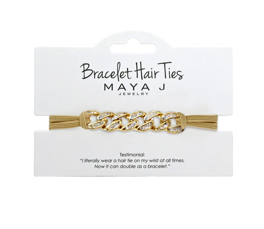 Crystal Single Hair Tie -Yellow Cuban Link, Beige Elastic