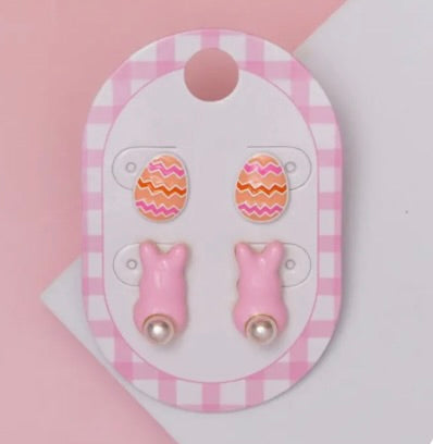 Pink Pearl Easter Bunny & Striped Egg Stud Earring