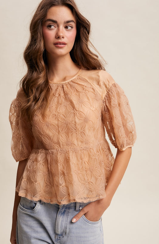 Sallete Floral Embroidered Sheer Peplum Blouse-Ginger