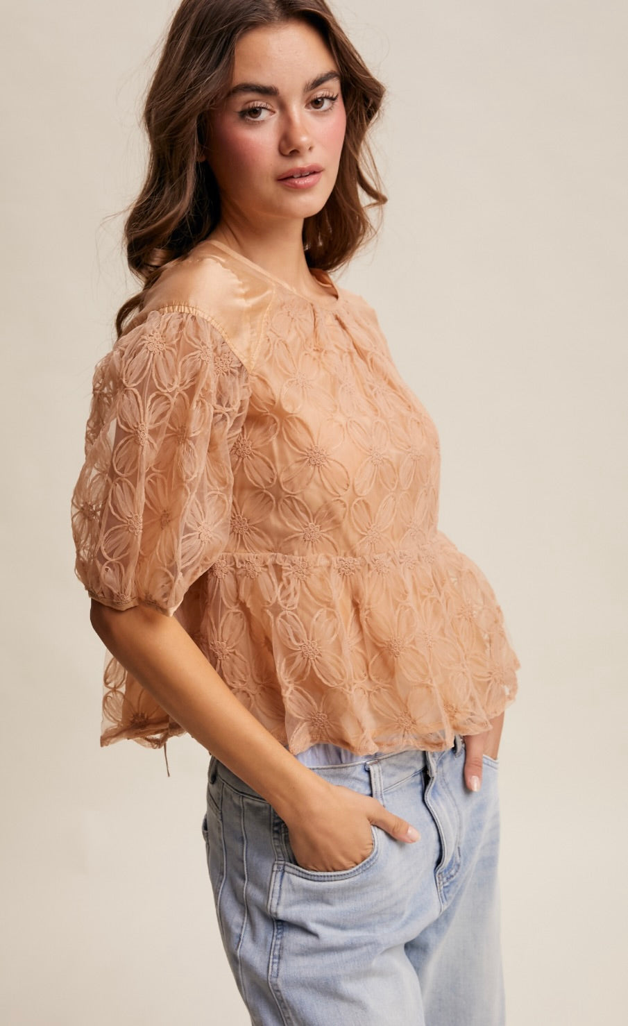 Sallete Floral Embroidered Sheer Peplum Blouse-Ginger