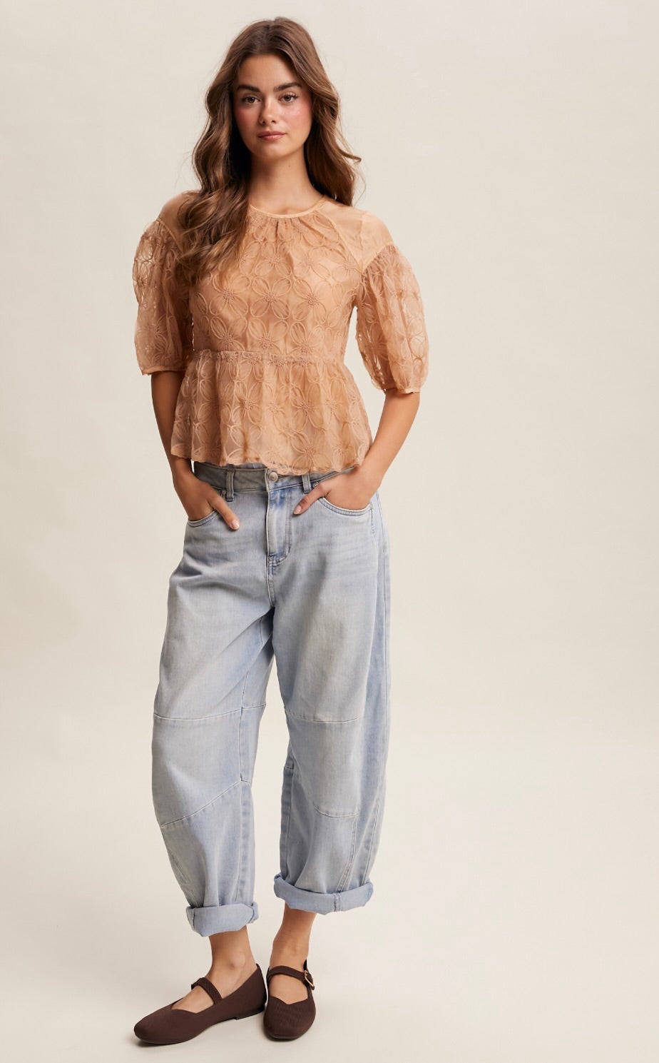 Sallete Floral Embroidered Sheer Peplum Blouse-Ginger