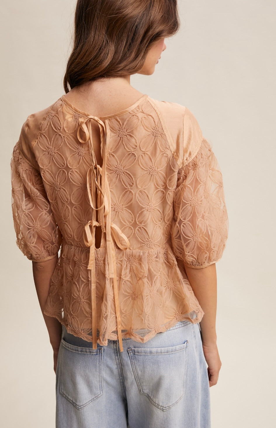 Sallete Floral Embroidered Sheer Peplum Blouse-Ginger