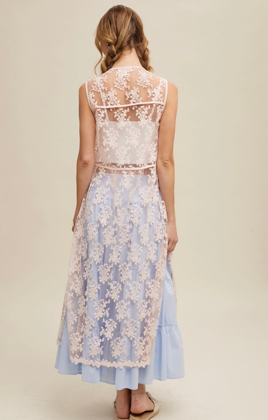 Maisie Sheer Floral Embroidered Lace Vest-Mute Pink