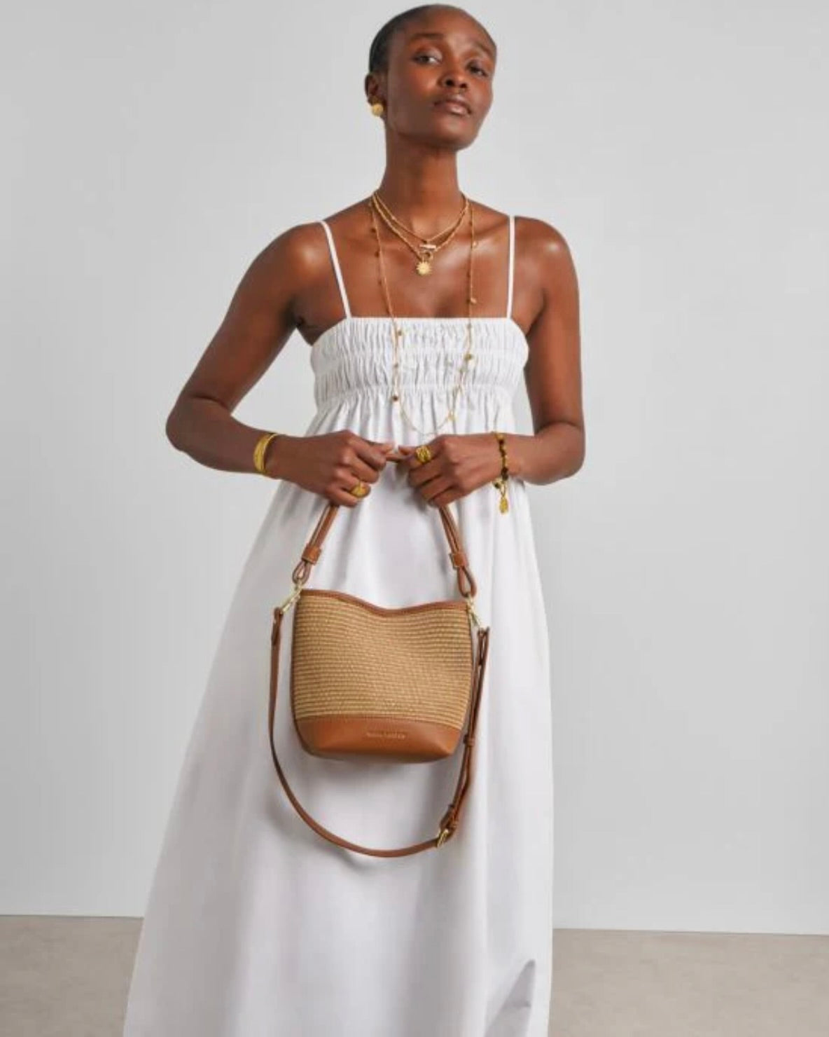 Katie Loxton Sorrento Bucket Bag-Natural Raffia/Cognac