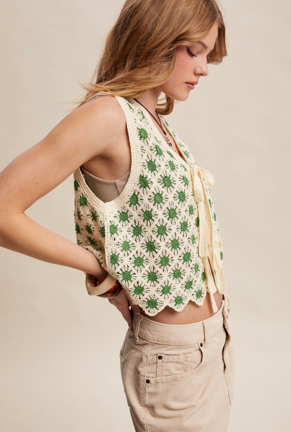 Crochet Daisy Tie-Front Vest-light Green