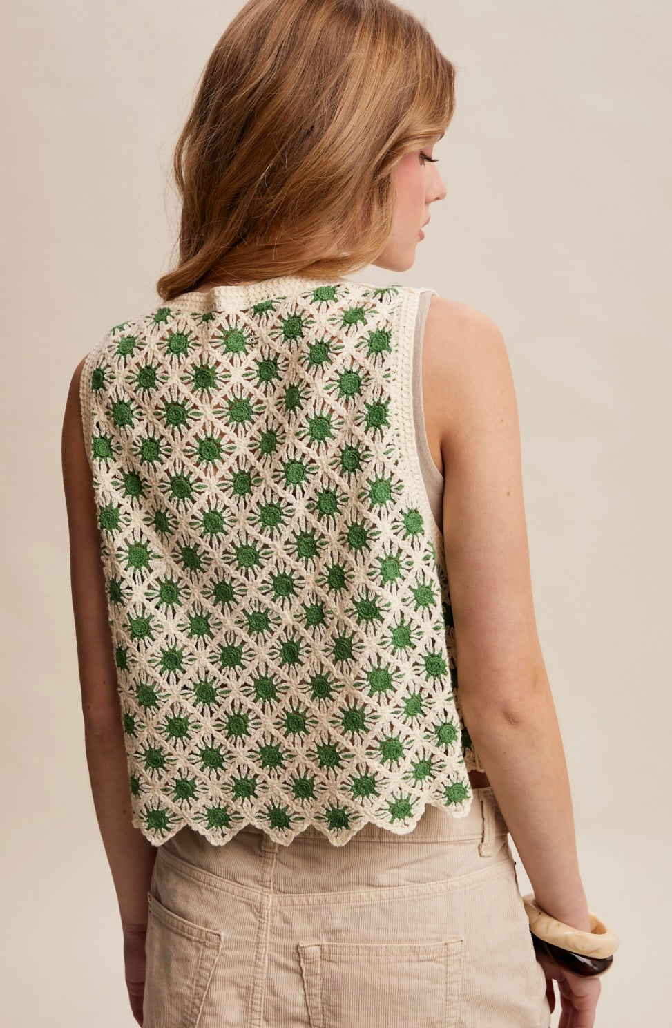 Crochet Daisy Tie-Front Vest-light Green