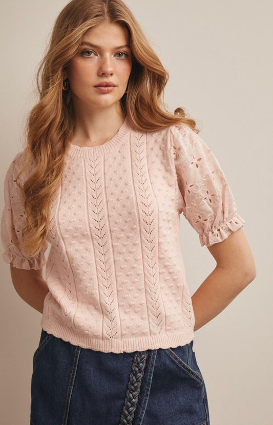Layla Lace Puff Sleeve Knit Top-Mute Pink