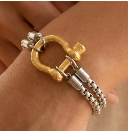 Stainless Steel Two Tone D Ring Layered Bracelet
