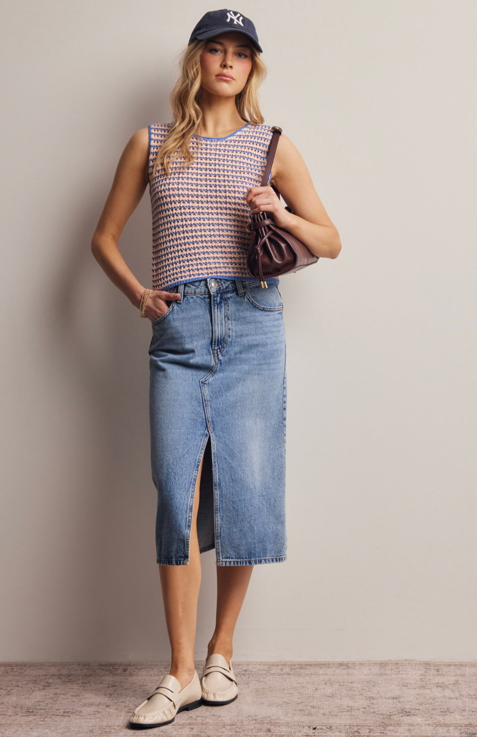 Lina Open-Knit Stripe Sleeveless Top-Peach Blue