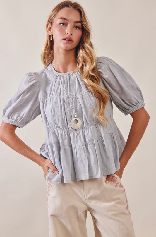 Emile Embroidered Rose Peplum Blouse-Misty Blue