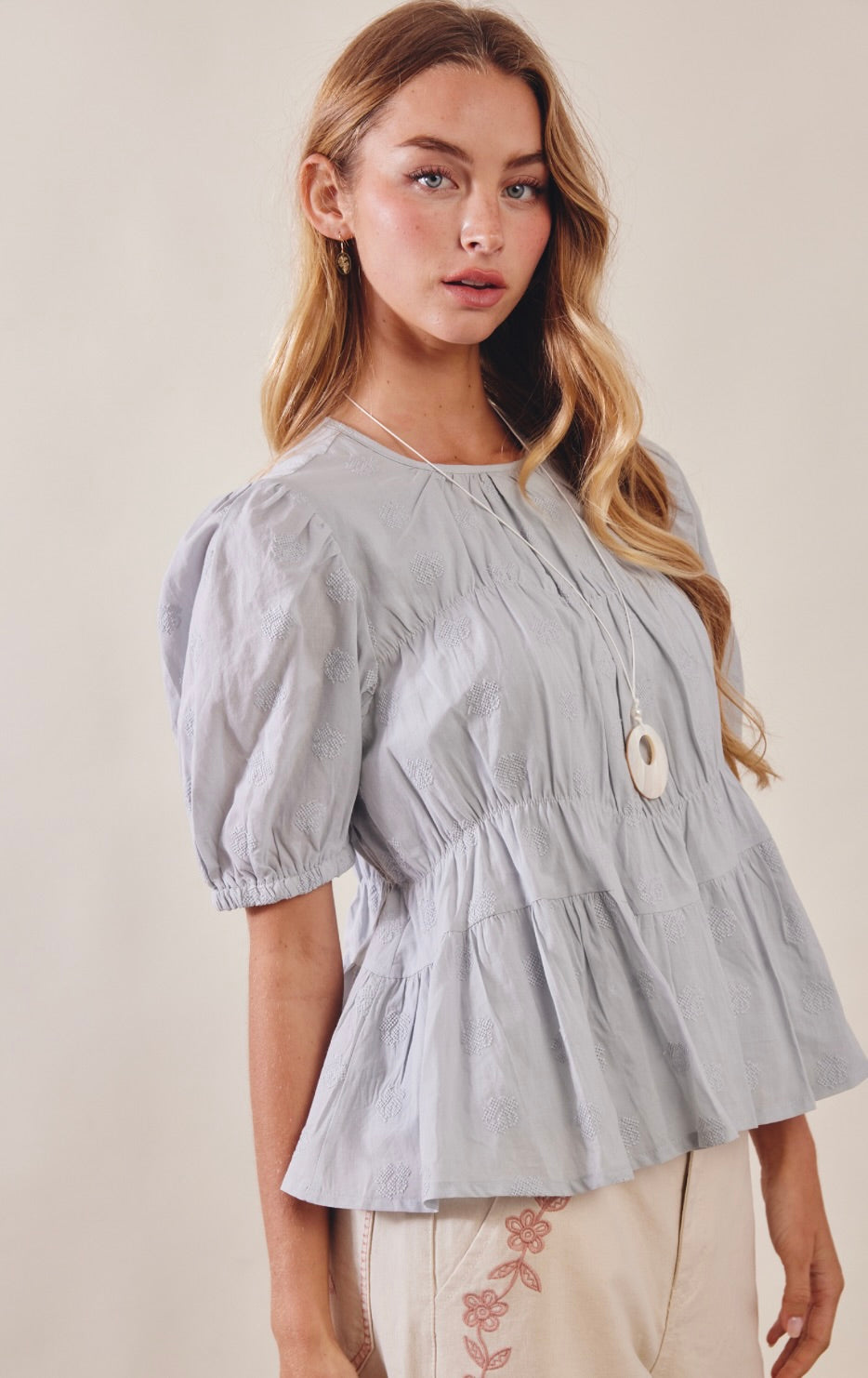 Emile Embroidered Rose Peplum Blouse-Misty Blue