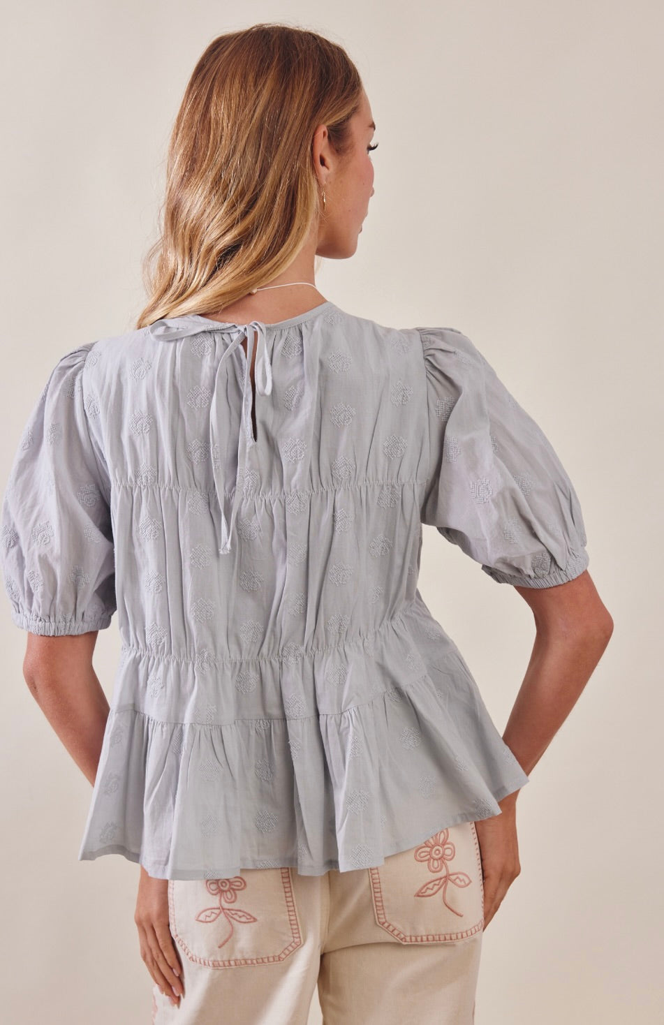 Emile Embroidered Rose Peplum Blouse-Misty Blue